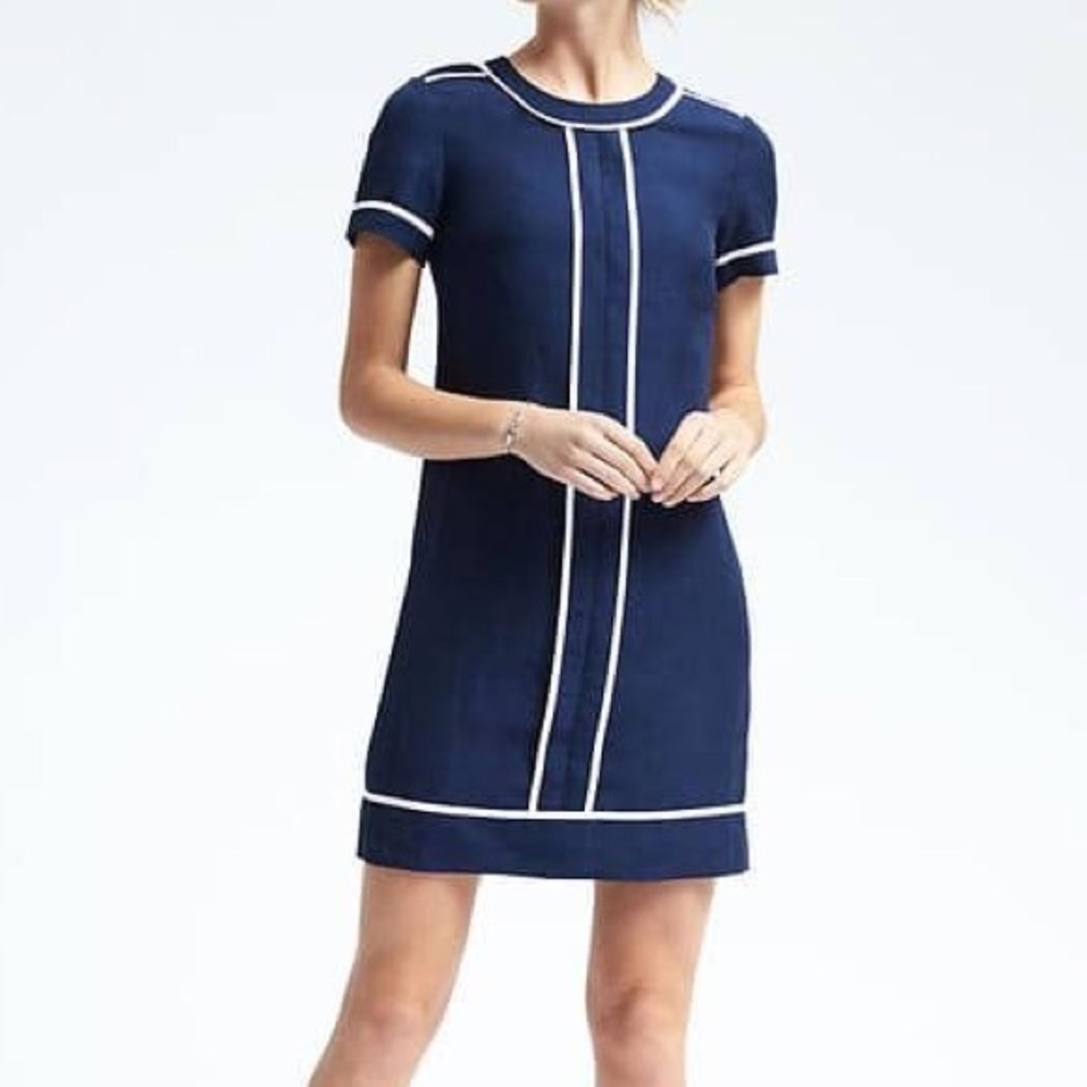 Navy and white shift dress
